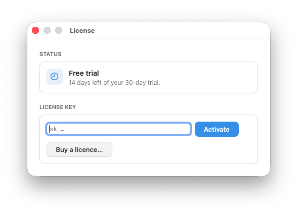 The ComfortFiles License panel: a Status section reading Free trial with the days remaining, a License key field showing the sk_ placeholder, and the Activate button beside it