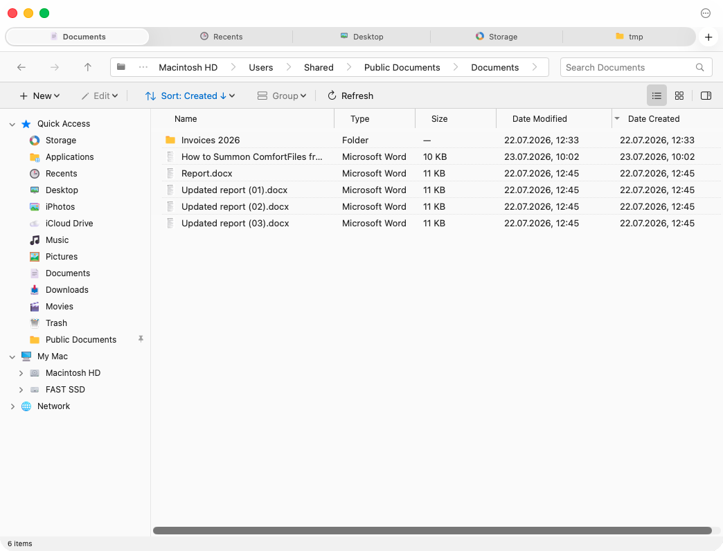 ComfortFiles in light appearance: white window, grey sidebar, black text in the file list