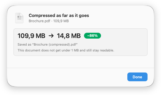 ComfortFiles compression result: Compressed as far as it goes — Brochure.pdf, 109,9 MB to 14,8 MB, a −86% badge, saved as Brochure (compressed).pdf, and a line stating that the document does not get under 1 MB and still stay readable