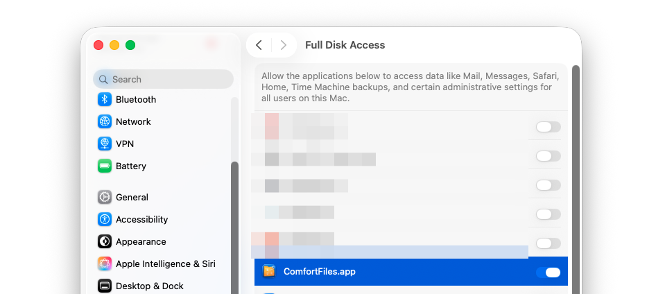 System Settings, Full Disk Access, with the ComfortFiles switch turned on (the other apps in the list are blurred)