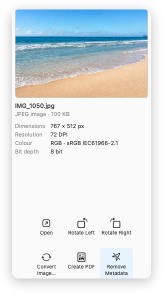 The ComfortFiles preview panel for a JPEG, showing its dimensions, resolution and colour profile, with the Remove Metadata button highlighted among the actions