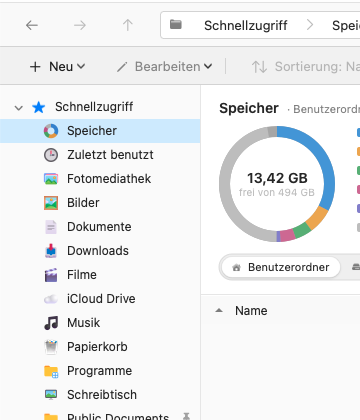 ComfortFiles in German: the sidebar reading Schnellzugriff, Speicher, Zuletzt benutzt, Fotomediathek, Bilder, Dokumente, Downloads, Filme, Musik, Papierkorb, and the command bar reading Neu and Bearbeiten