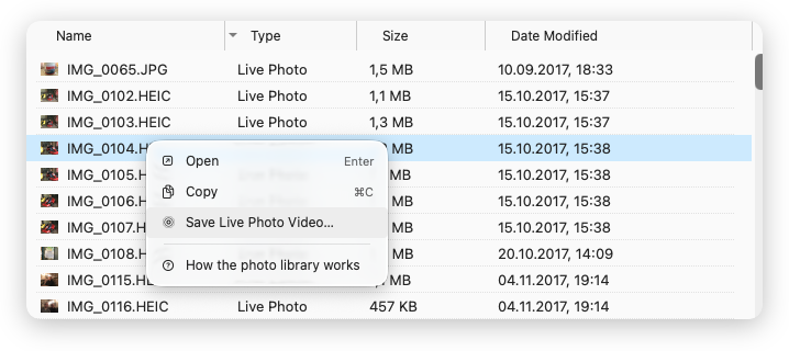 Right-click menu on a Live Photo in ComfortFiles: Open, Copy, Save Live Photo Video, and a row that opens this help page