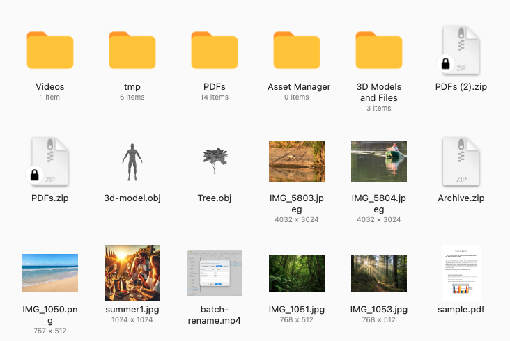 The icon view with Show Item Info on: folders labelled 1 item, 6 items, 14 items, 0 items and 3 items under their names, and photos labelled 4032 × 3024, 767 × 512, 1024 × 1024 and 768 × 512