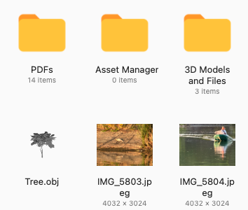 Icon view with Show Item Info on: folders labelled 14 items, 0 items and 3 items, and two photos labelled 4032 × 3024